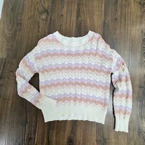 Pink Lily Cream Open-Knit Crew Sweater with Pink & Lavender Stripes